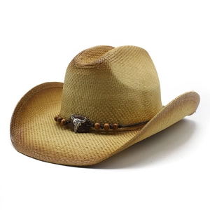 Western Cowboy Straw Hat Wide Brim Paper Sun Protection With Bull Skull Metal Decor Wooden Beads Retro Ethnic Summer Travel