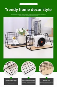 Close-up of hexagonal iron wall shelf with black metal mesh and natural wood base