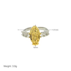Detailed view of bicolor Our Lady of Guadalupe ring with zircon stones and measurements