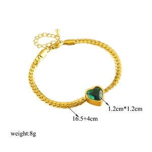 Golden heart link bracelet with green gemstone and adjustable chain length specifications