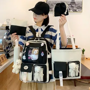 Black and white 5-piece nylon school backpack set with cute charms for teen girls