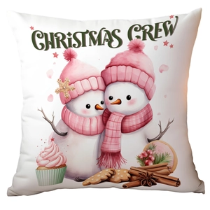 Christmas Crew decorative pillow cover with pink festive snowmen and holiday elements