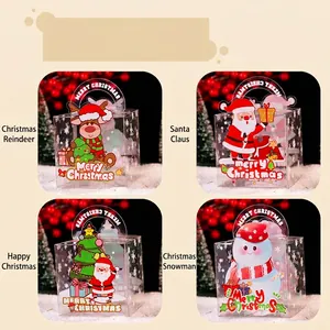 Transparent Christmas PET gift boxes with festive Santa, Reindeer, and Snowman illustrations