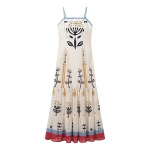 Detail of the multi-layered bohemian floral print maxi dress with colorful hem stitching