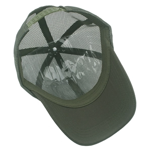 Detail of army green mesh baseball cap featuring snapback closure and breathable texture