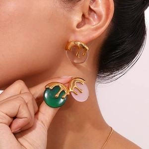 Lava style gold plated twisted hoop earrings with green pink and clear resin detail