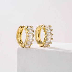 18K gold plated hoop earrings with rectangular cubic zirconia on minimalist stand