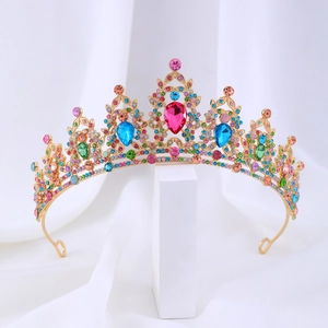 Detail of Baroque crown featuring colorful rhinestones and gold alloy base