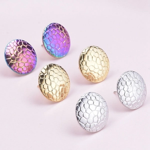 Macro detail of round 304 stainless steel earrings with textured honeycomb pattern