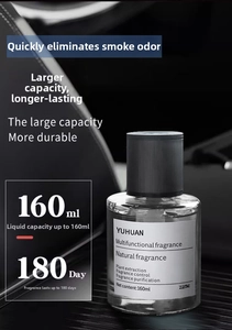 Close-up of 160ml glass car air freshener bottle on black leather vehicle interior