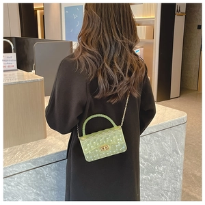 Detail of light green jelly bag with flower pattern and gold chain on a model