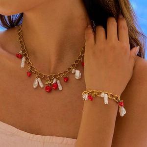 Gold plated titanium steel jewelry set with strawberry cherry charms and baroque pearls