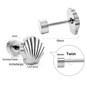 Detailed views of shell-shaped stainless steel earrings with antiallergic screw-back design