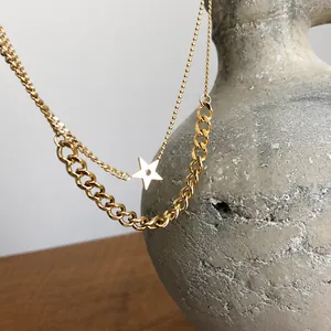 Detail view of gold double-layered necklace with star pendant and mixed chain textures