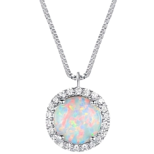Elegant 8mm round opal pendant necklace with sparkling halo on silver box chain