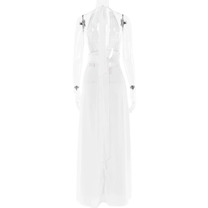 Detailed back view of white halter neck maxi dress with elegant lace-up back design