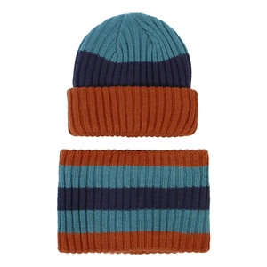 Detail of winter knit hat and scarf set featuring blue and caramel striped rib fabric