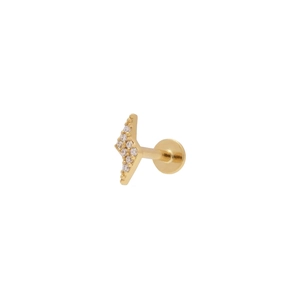 Macro shot of gold lightning bolt stud earrings with sparkling cubic zirconia stones