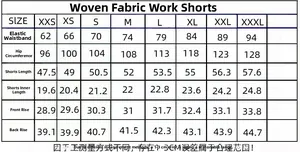 Detailed size guide table for men's woven cargo shorts with precise measurements