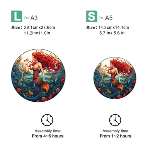 Detailed size comparison of mermaid wooden puzzle in A3 and A5 formats with assembly times