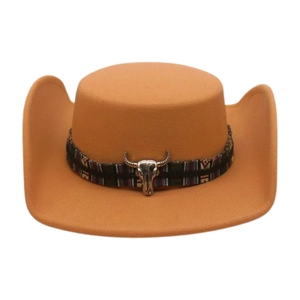 Western Cowboy Hat Wool Felt Bull Skull Ethnic Woven Band Wide Brim Vintage Retro Jazz Fedora For Men Women