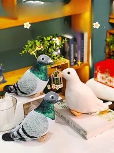 Detailed view of realistic plush pigeon toy showing soft feather textures and orange beak