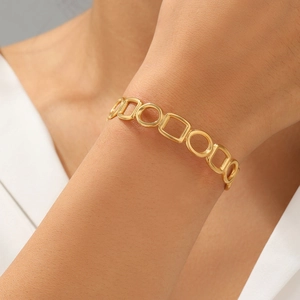 Hollow Geometric Open Bangle Stainless Steel Adjustable Cuff Bracelet Round Square Alternating Minimalist Trendy Jewelry