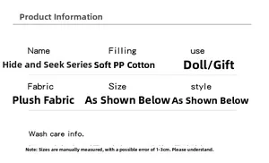Detailed size specifications and care instructions for Peek-a-boo puppy plush toys