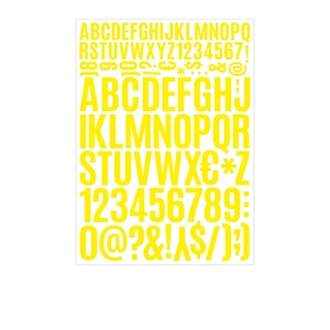 Detail view of bold yellow vinyl waterproof letter and number stickers D10 Yellow