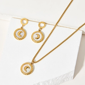 Stainless Steel Necklace And Earrings Jewelry Set White Mother Of Artificial Pearl Crescent Moon Pendant Hammered Vintage For Women