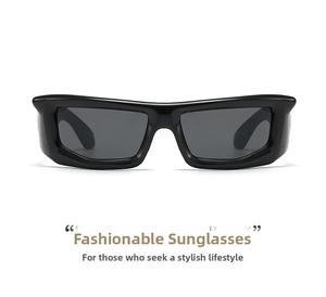 Front view of Y2K punk style square wrap-around sunglasses with thick black frames