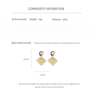 Detailed size chart for geometric alloy earrings showing 8.5cm by 5.5cm dimensions