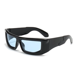 Hip-hop square punk sunglasses with black thick frame and light blue transparent lenses