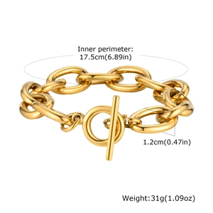 Detail of chunky gold stainless steel chain bracelet with OT toggle clasp and dimensions