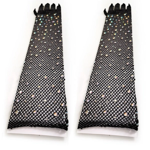 Sexy black fishnet gloves with colorful rhinestones for clubwear and evening style