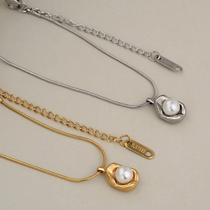 French style stainless steel snake chain necklaces with liquid metal pearl pendants