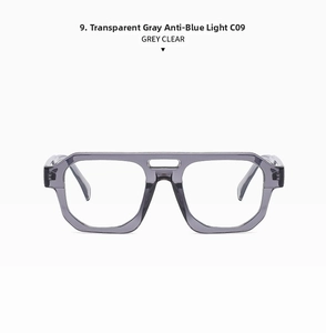 Dettaglio della montatura per occhiali anti-luce blu grigio trasparente con cerniere