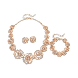 Elegant rose gold flower jewelry set with sparkling rhinestones necklace and earrings