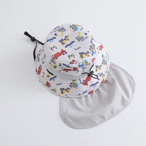 Detail of grey sun hat with colorful cartoon vehicles and adjustable neck flap