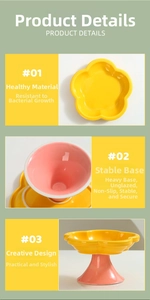 Detailed view of yellow flower ceramic cat bowl with pink stable heavy non-slip base