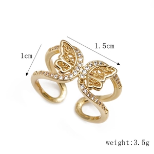 Detail view of gold butterfly open ring with white cubic zirconia and size dimensions