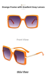Detailed front and side views of orange square sunglasses with gradient purple lenses