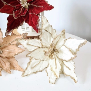 Velvet artificial Christmas poinsettia flowers with glitter edges in assorted colors