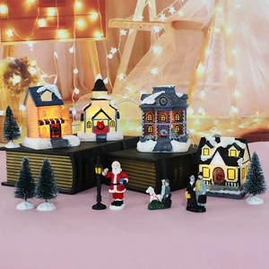 Weihnachtsmanndorf Haus Miniatur Harz Ornamente Glühende LED Schnee Kirche Figuren Tannenbaum Desktop Dekoration