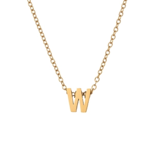 Macro detail of high-polished gold stainless steel initial W pendant with smooth mirror finish