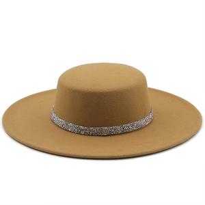 Classic camel wool felt flat top boater hat with rhinestone band and letter M detail