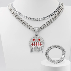 Iced out hip hop silver Cuban chain necklace with ghost pendant and matching bracelet set