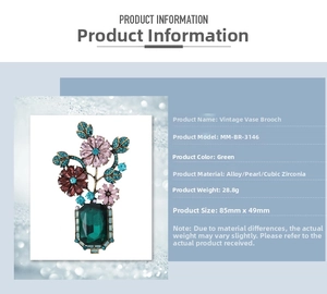 Detailed size parameters of vintage baroque flower vase brooch with rhinestones and pearls