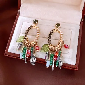 Bohemian Hollow Leaf Dangle Earrings With 925 Sterling Silver Earring Post Retro Copper Colorful Bead Tassel For Women