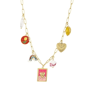 Collier en acier doré avec breloques colorées en forme de tulipe et arc-en-ciel